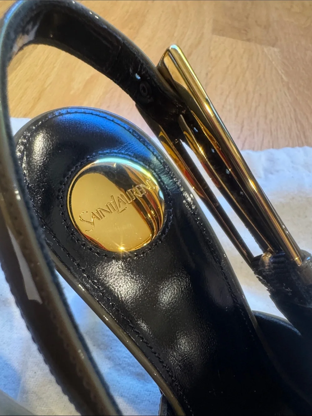 Saint Laurent Olive Patent Slingback Pumps with Gold Heel - Picture 2 of 7